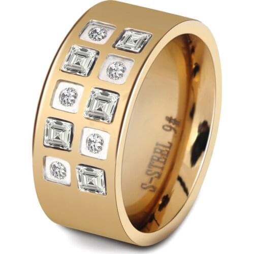 Yell Gold Color Ring Women Wedding Band 10mm Polished stainless steel Ring with Zircon Stones