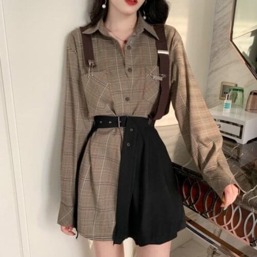 Vinatge Summer Two Piece Dress Women Autumn Korean Pleated Plaid Dresses for Women Streetwear Plus Size Dress vestidos