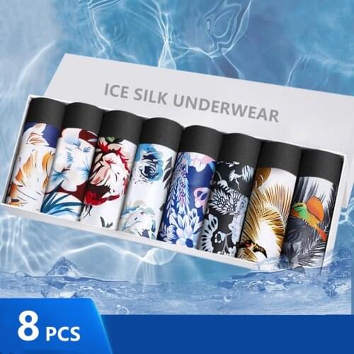 8pcs/lot Mens Underwear Ice Silk Print Underwear Summer Breathable Ultra-Light Mid-Waist Boxer Shorts Trendy Sexy Pants