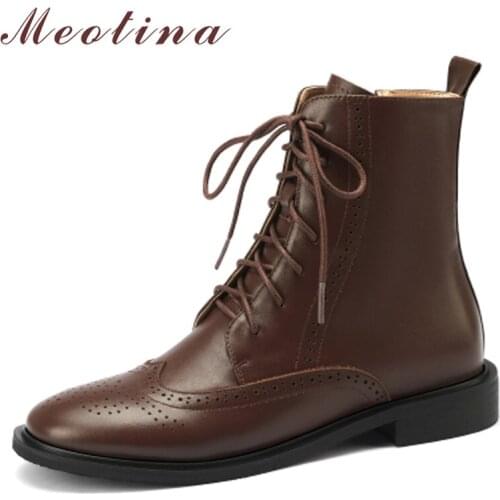 Meotina Women Shoes Genuine Leather Motorcycle Boots Flat With Ankle Boots Round Toe Ladies Short Boots Autumn Winter 40 Black