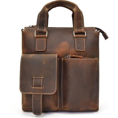 Crazy Horse Real Leather Bussiness Shoulder Bag With Handle Notebook Handbag Man Briefcase Durable Vintage Man Hand Bags