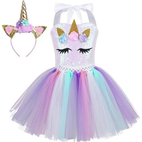 Girls Cartoon Cosplay Dresses 3D Flowers Shiny Sequins Mesh Tutu Dress with Hair Hoop Set for Kids Birthday Theme Party Dress up