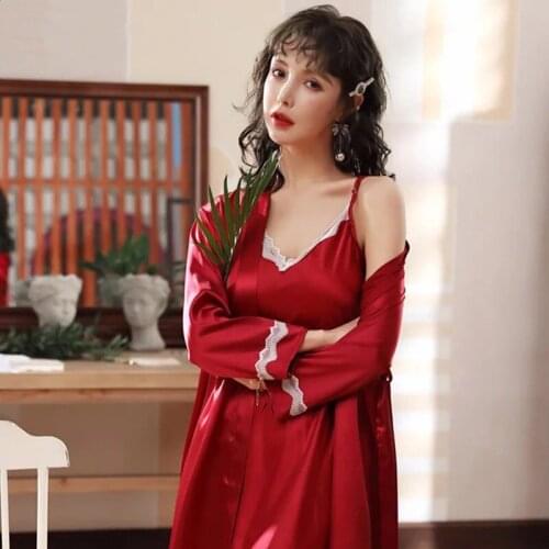 Lounge Wear Sexy Robe Set New 2021 Spring Summer Silk Sleepwear Bathrobe For Women V Neck Ladies Nightie Large Size Homewear