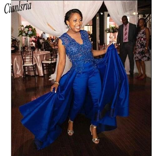 Royal Blue Lace Stain Evening Dresses with Jumpsuit 2021 Beaded Jewel Neck African Black Girls Occasion Prom Pant Suit