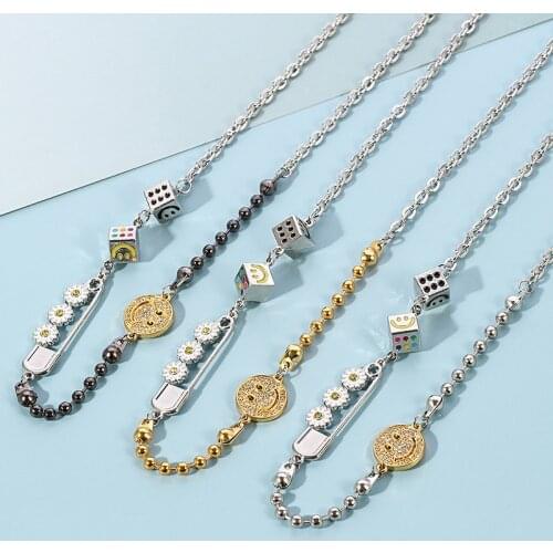 Trendy Hip-Hop Flower Dice Full Diamonds Smiley Necklace For Men Women Unisex Shiny Party Fashion Jewelry Gift