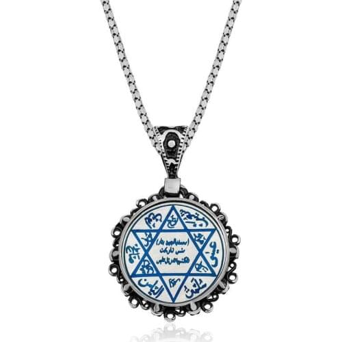 Real Silver 925 Jewelry Silver Blue Cabochons Solomon Seal Pendant