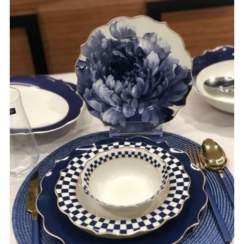 Bone China Dinnerware 24 piece Set for 6 Person Blue White - Dining Set 6 Platter - 6 Cake plate - 6 A dinner plate - 6 Soup b