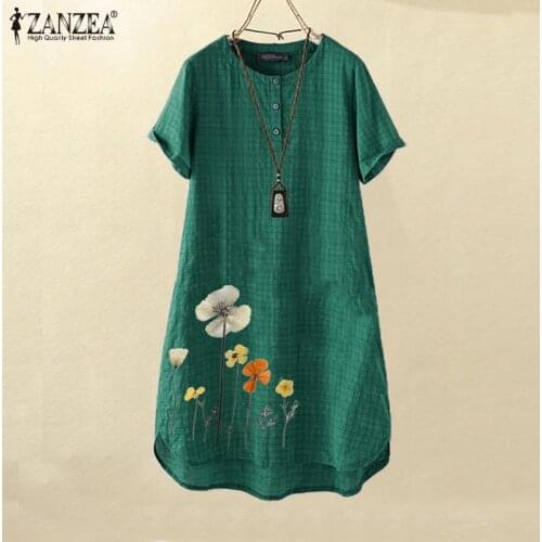 Vintage Printed Knee Length Dress Womens Summer Sundres 2021 ZANZEA Causal Short Sleeve Vestidos Female O Neck Robe Plus Size