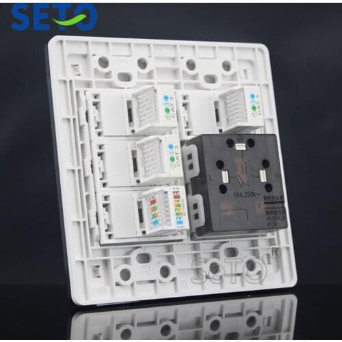 SeTo 120 Type Three Hole Power Socket + Three Cat3 Telephone + RJ45 Cat5e Network Panel Outlet Wall Plate Keystone Faceplate
