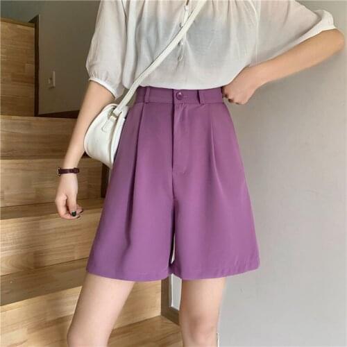 2020 Lilac Shorts Women Thin High Waist Suit Shorts Summer Casual Harajuku Office Ladies Wide Leg Baggy Purple Female Workwear