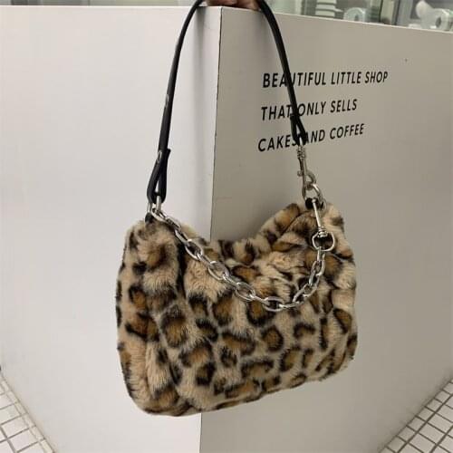 Bags For Women 2020 Faux Fur Animal Prints Cow Print Leopard Bag Wool Fuzzy Plush Bag Fashion Shoulder Bag Underarm Chain Bags