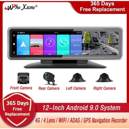 New Android 9.0 4 Channel 12" 4G Car DVR Dash Cam Video Recorder Center Console Mirror GPS WiFi FHD 1080P Super Night Rear Lens