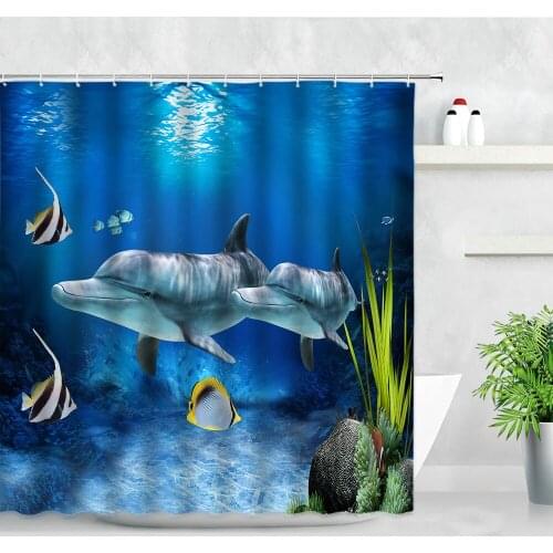 3D Dolphin Shower Curtain Set Seabed Ocean Animal Tropical Fish Green Plant Waterproof Fabric Bath Decor Hooks Bathroom Curtains