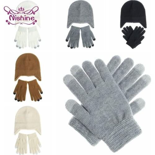 Women Soft Skin-friendly Warm Knitting Wool Cap and Gloves Two Piece Set Solid Color Crochet Ear Protection Hat Outdoor Headwear