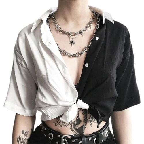 Women Patchwork Button Casual Crop Top Womens Black and White Contrast Navel Top Summer T-Shirts