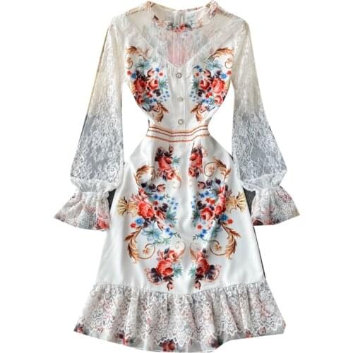 New Spring Autumn Women Ruffled Neck Long Sleeve Slim Dress High Quality Retro Print Mesh Lace Patchwork Runway Dress