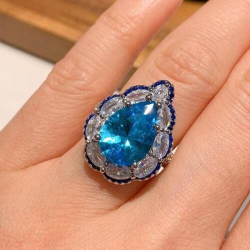 2021 Trend 10*14mm Water Drop Aquamarine Gemstone Lab Diamond Party Rings For Women Charms Wedding Fine Jewelry Gift Wholesale