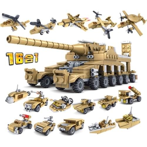 544PCS 16in1 Military Tank Building Blocks Super Vehicle Plane Truck Car Ship Army Bricks Educational Toys For Children