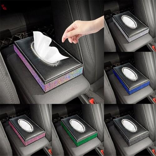 Sparking Car Tissue Box Crystal Shining Bling Napkin Mask Holder PU Leather Block Type Tissue Case Holder For Women