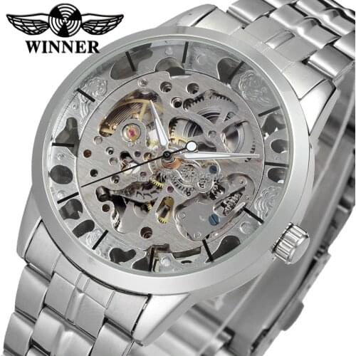 Winner Mens Watch Brand Automatic Movement Transparent Crystal Stainless Steel Bracelet Wristwatch Color Silver WRG8003M4S1