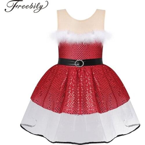 Kids Girls Christmas Party Dance Costume Dress Vestidos Sleeveless Shiny Sequins Mesh Tutu Dress Built-in Shorts Leotard Dresses