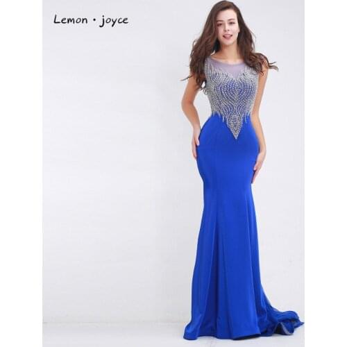 Elegant Beading Evening Dresses Long 2020 Scoop Neck Sleeveless Sexy See-through Floor-Length Party Gowns Plus Size Blue