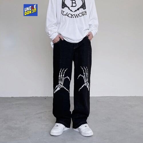 UNCLEDONJM Skeleton Embroidery distressed jeans High Street Harajuku Hip hop baggy jeans 2021 black jeans men skulls 7016