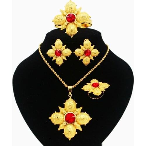 Ethiopian Cross Jewelry set 24K Gold Color Crystal Necklace/Earring/Pendant/Bangle/Ring Middle Easter/India Habesha Wedding set