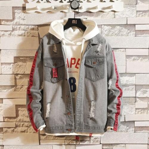 New Mens Loose Outwear Ripped Denim Jacket Male European and American Style Trend Lapel Denim Coat Top Long Sleeve Trend