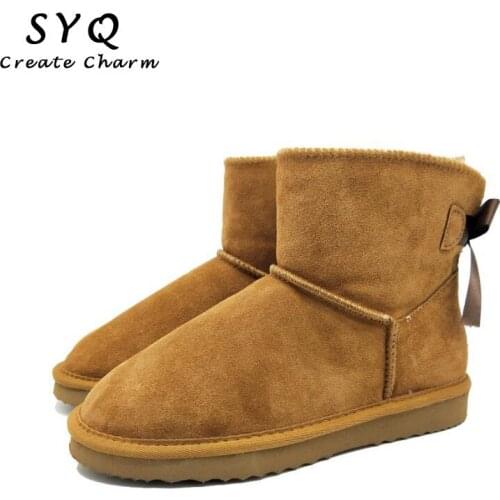 Fashion Genuine Cowhide Leather Short Plush Lined Mid-calf Women Winter Snow Boots Fashion Bow-knot Girls Casual Shearling Boots