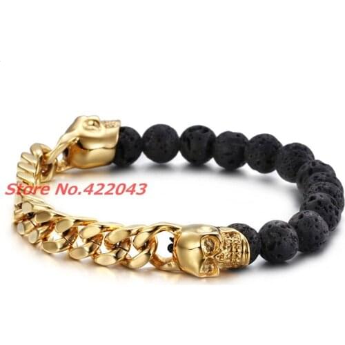 Charming Black Beads Skull Bracelet For Womens Mens Lava Stone Beads Mens Gold Cuban Curb Chain Bracelets Pulseras Jewelry