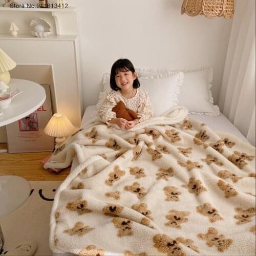 Cartoon Brown Bear Sherpa Blanket Office Family Kindergarten Napping Throw Quilt for Adult Children Kids Teen Boys Girls Gifts