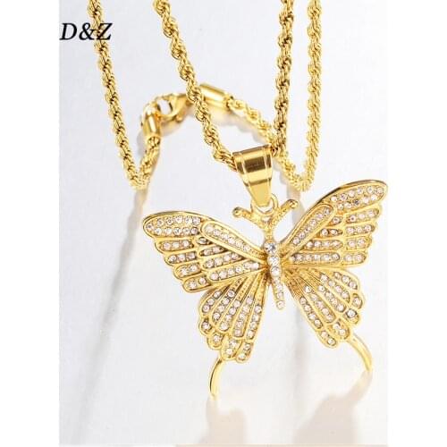 D&Z New Butterfly Pendant Necklace Stainess Steel With CZ Stones Gold Color Hip Hop Charm Necklace Jewelry Women Gift