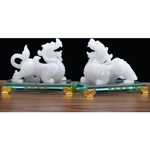 A PAIR # HOME COMPANY SHOP EFFICACIOUS THRIVING BUSINESS GOOD LUCK MONEY DRAWING RESIN WHITE JADE DRAGON PI XIU FENG SHUI STATUE