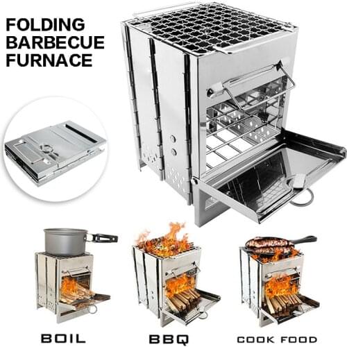 Portable Barbecue Stove Camping Stainless Steel Wood Burning Stove Foldable Mini Square Grill Outdoor Camping Barbecue Tool