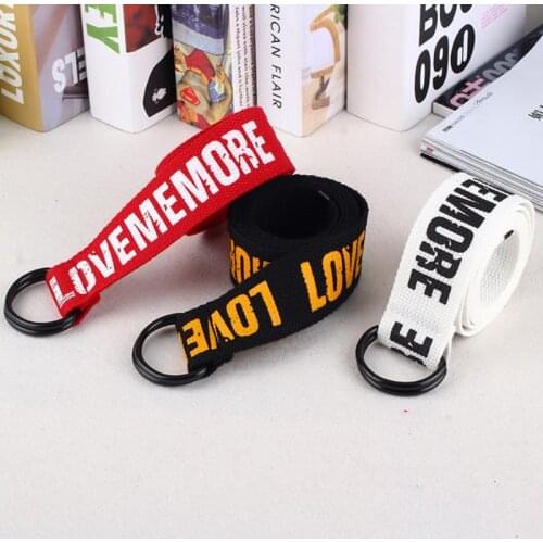 Unisex Canvas Belts Letters Printed D Ring Double Buckle Punk Waist Strap Women Men Teenager Long Wide white Belt