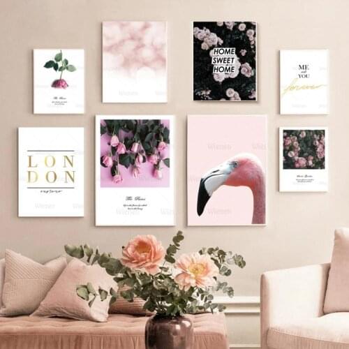 Nordic Poster and Print Pink Flower Rose Flamingo Romantic Quotes Wall Picture Canvas Art Painting Home Decor for Living Room