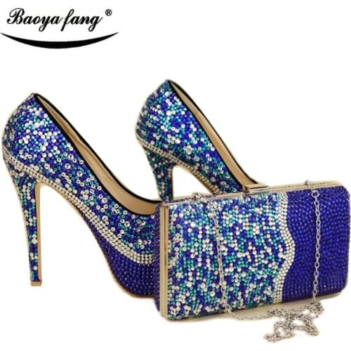 Royal blue mix silver cyrstal wedding shoes with matching bags woman shoe and bag set fashion shoes women High Pumps Round Toe