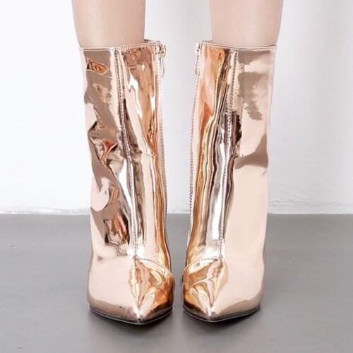 Women Patent Leather Boots Winter Pointed Toe Chunky High Heel Boots Zipper Fashion Motorcycle Boots Gold size 41 42