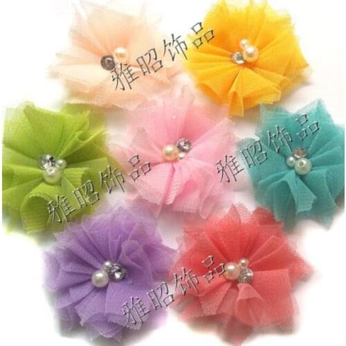 2018 b aby 2.5inches Mini Tulle Mesh Flowers With Rhinestone Pearl Center Poof Flowers headband Accessories