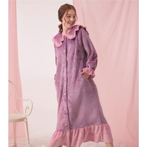 2021Autumn and Winter Womens Nightdress Double-sided Coral Fleece Warmth and Long Lapel Button Princess Nightdress Home Service