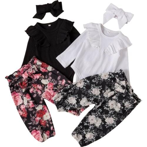0-24M Infant Baby Girl’s Clothing Set Trousers Suit Fresh Solid Long Sleeve Romper Flower Long Pants Headband 3Pcs