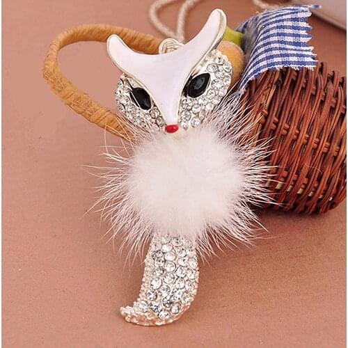 50% Wholesales Fashion Cute Fox Pattern Pendant Rhinestone Inlaid Fur Necklace Long Sweater Chain