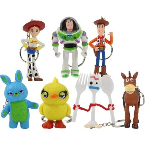 7pcs/lot Toy Story Keychains Woody Buzz Lightyear Jessie Bullseye Horse Forky Bunny Rabbit Ducky Duck Baby Figure Toys