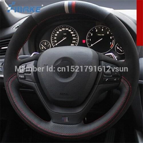 For BMW X3 High Quality Hand-stitched Anti-Slip Black Leather Black Suede Red Thread DIY Steering Wheel Cover
