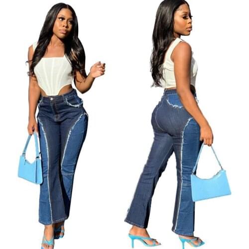 Patchwork Two Tone Jeans Women Spring Autumn Fashion Slim High Waist Bell Bottom Jeans Woman Casual Denim Flare Pants Streetwear