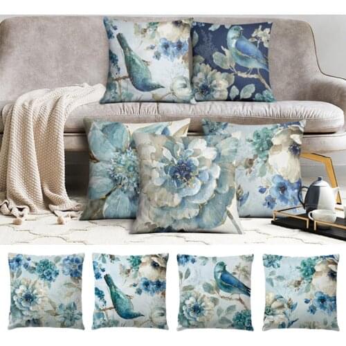 Artistic Oil Painting Design Cushion Cover Vintage Bird And Flower Floral Printed Blue Linen Pillowcase Sofa Throw Pillows Case