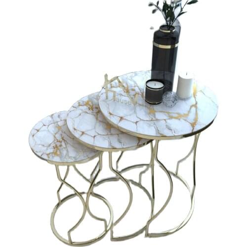 Zigon Coffee Table 3 Pcs Patterned Gold Wire Metal Foot Black Marble Pattern mesa auxiliar table basse de salon القهوة الجداول