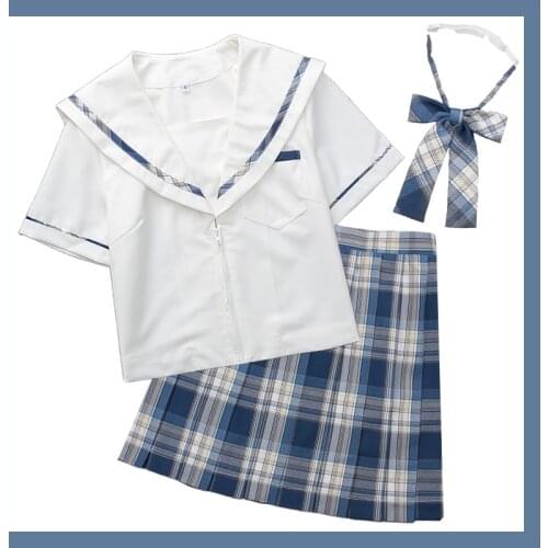 Sweet JK Girl School Uniform Set: Blue Plaid Pleated Skirt + Sailor Collar T-Shirt Short Sleeve A-Line Skirt Necktie Bow Tie