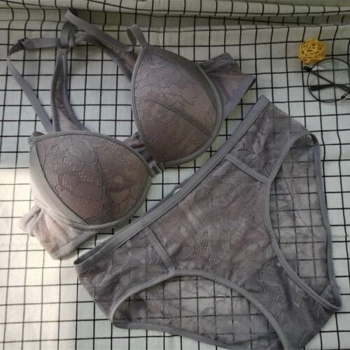 New sexy front button ladies underwear sets simple small chest gathered solid color lingerie panty lace beautiful back bra set